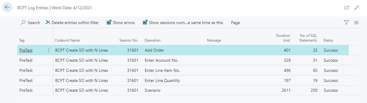 Screenshot of the BCPT Log Entries page.