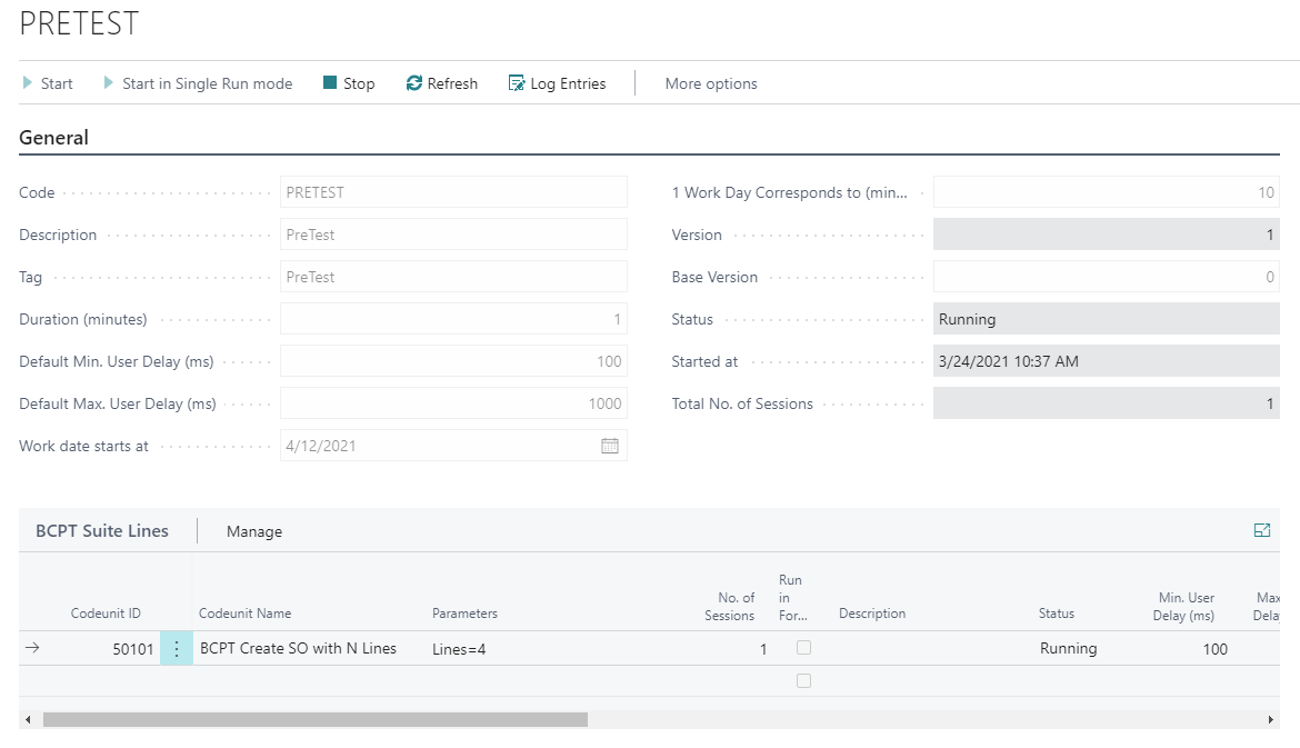 Screenshot of the PreTest window showing running mode.