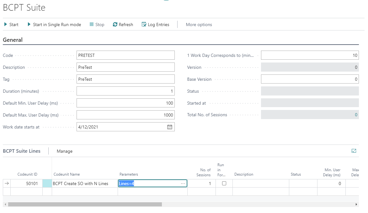 Screenshot showing the test with the entered parameter.
