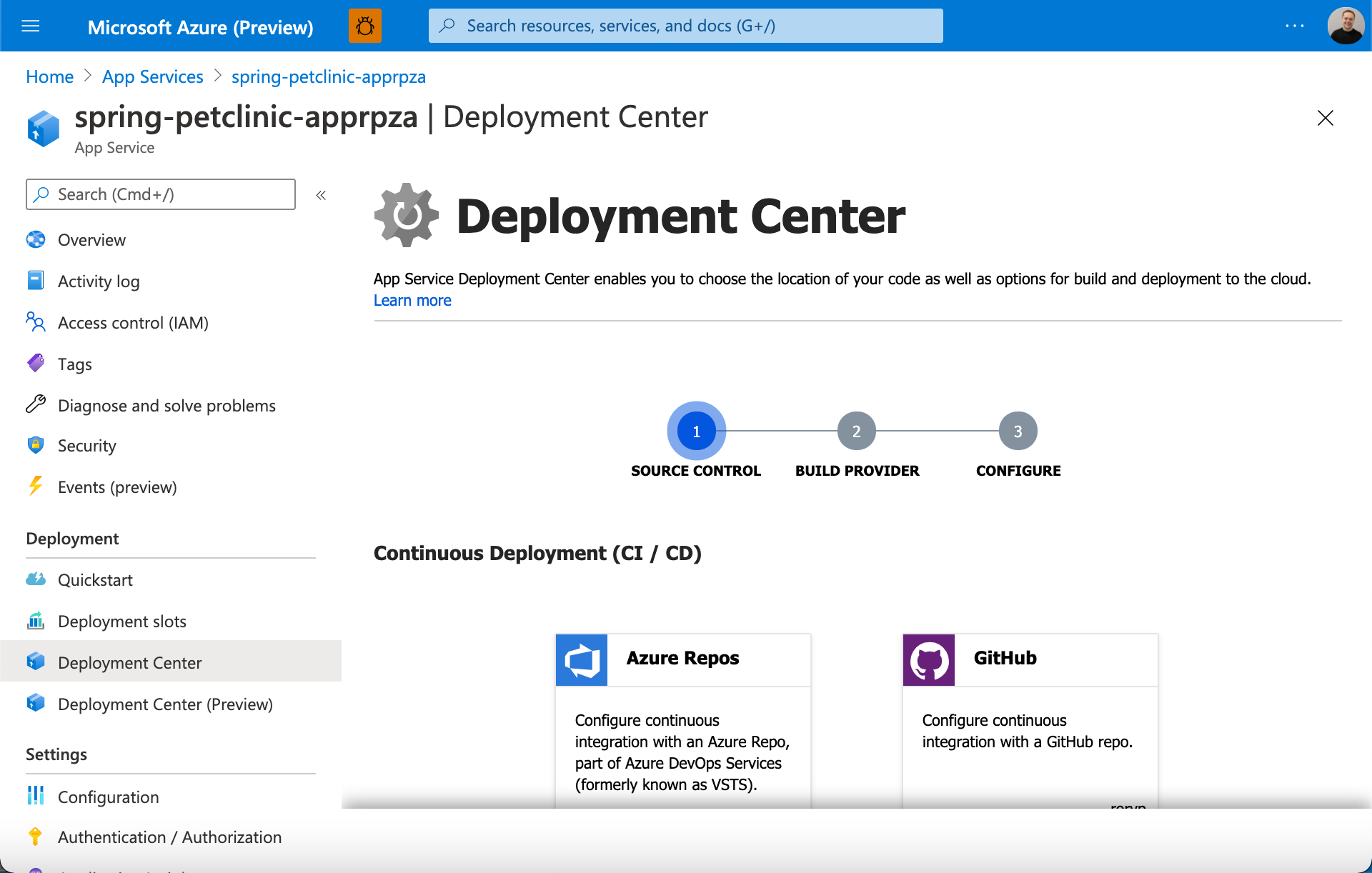 لقطة شاشة لمركز توزيع خدمة تطبيقات Azure.