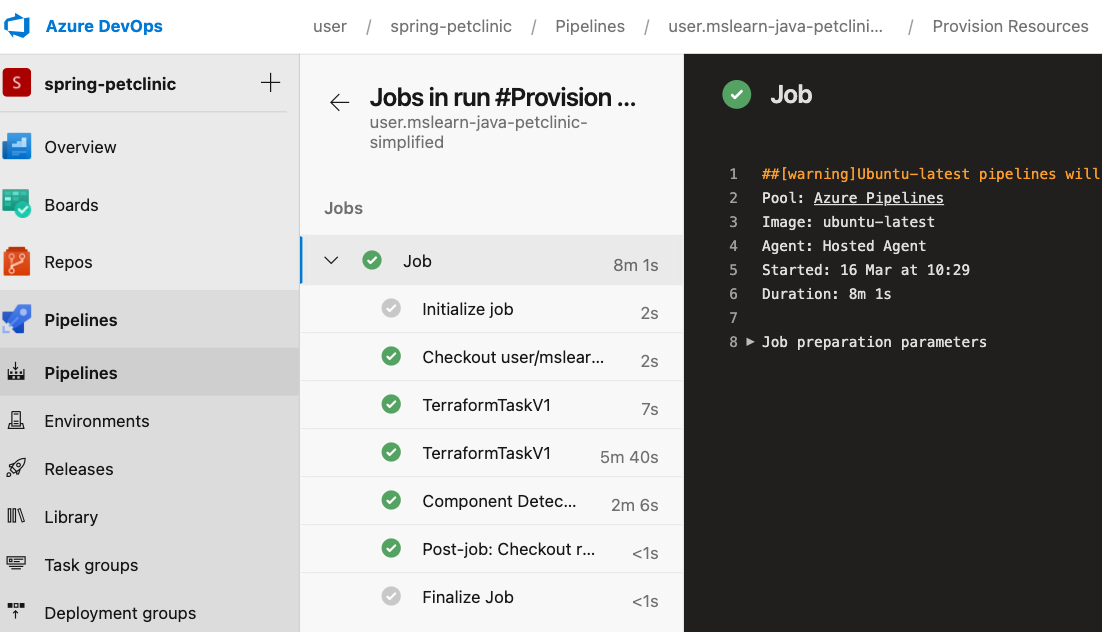لقطة شاشة تعرض تشغيل Azure Pipeline الجديد.