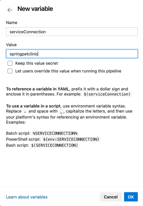 لقطة شاشة تعرض متغير Service Principal الجديد.