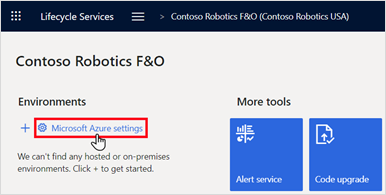 لقطة شاشة لصفحة Contoso Robotics F&O مَع تمييز الإعدَادات Microsoft Azure.