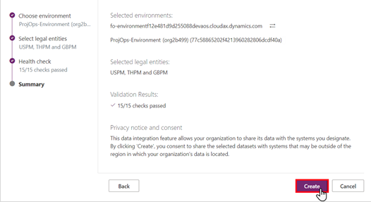 لقطة شاشة بمعالج إعداد الارتباط إلى Dataverse.