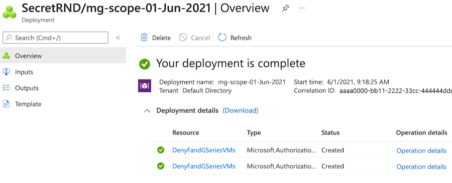 Screenshot of the Azure portal 'Overview' pane for the selected deployment.