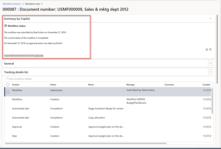 لقطة شاشة لصفحة محفوظات سير العمل مع ملخص بواسطة Copilot وتفاصيل التعقب.