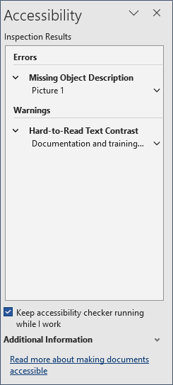 لقطة شاشة لنتائج مدقق الوصول بتَنسيق Microsoft 365 Word.
