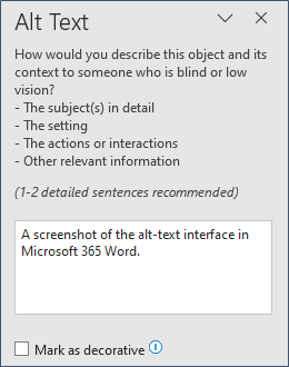 لقطة شاشة لواجهة النص البديل بتَنسيق Microsoft 365 Word.