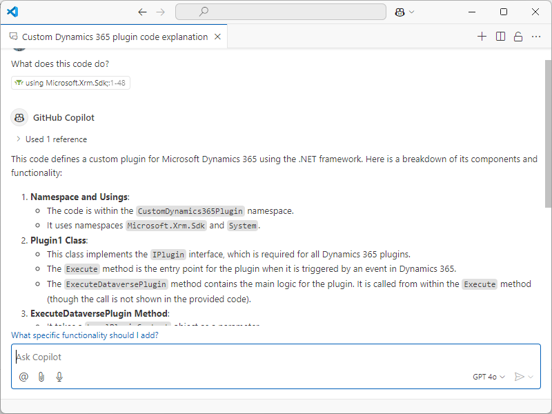 لقطة شَاشة تعرض محَادثة GitHub Copilot.