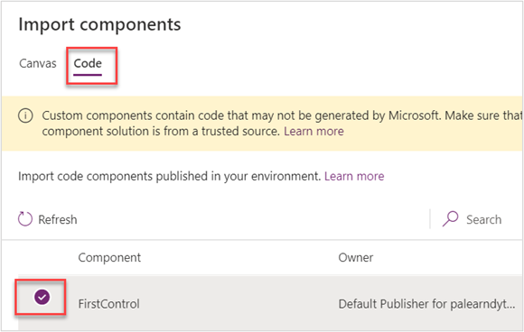 لقطة شَاشة توضح استيرَاد المكون الذي أنشأته مؤخرًا.