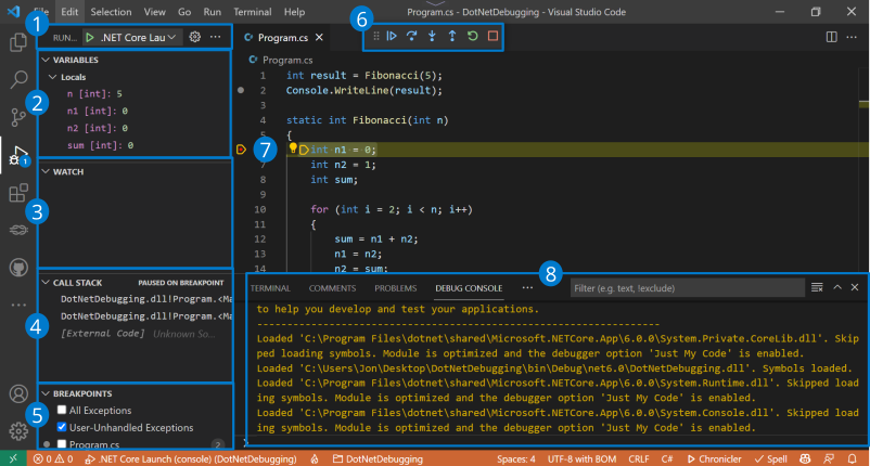 لقطة شاشة لنظرة عامة على مصحح أخطاء Visual Studio Code.
