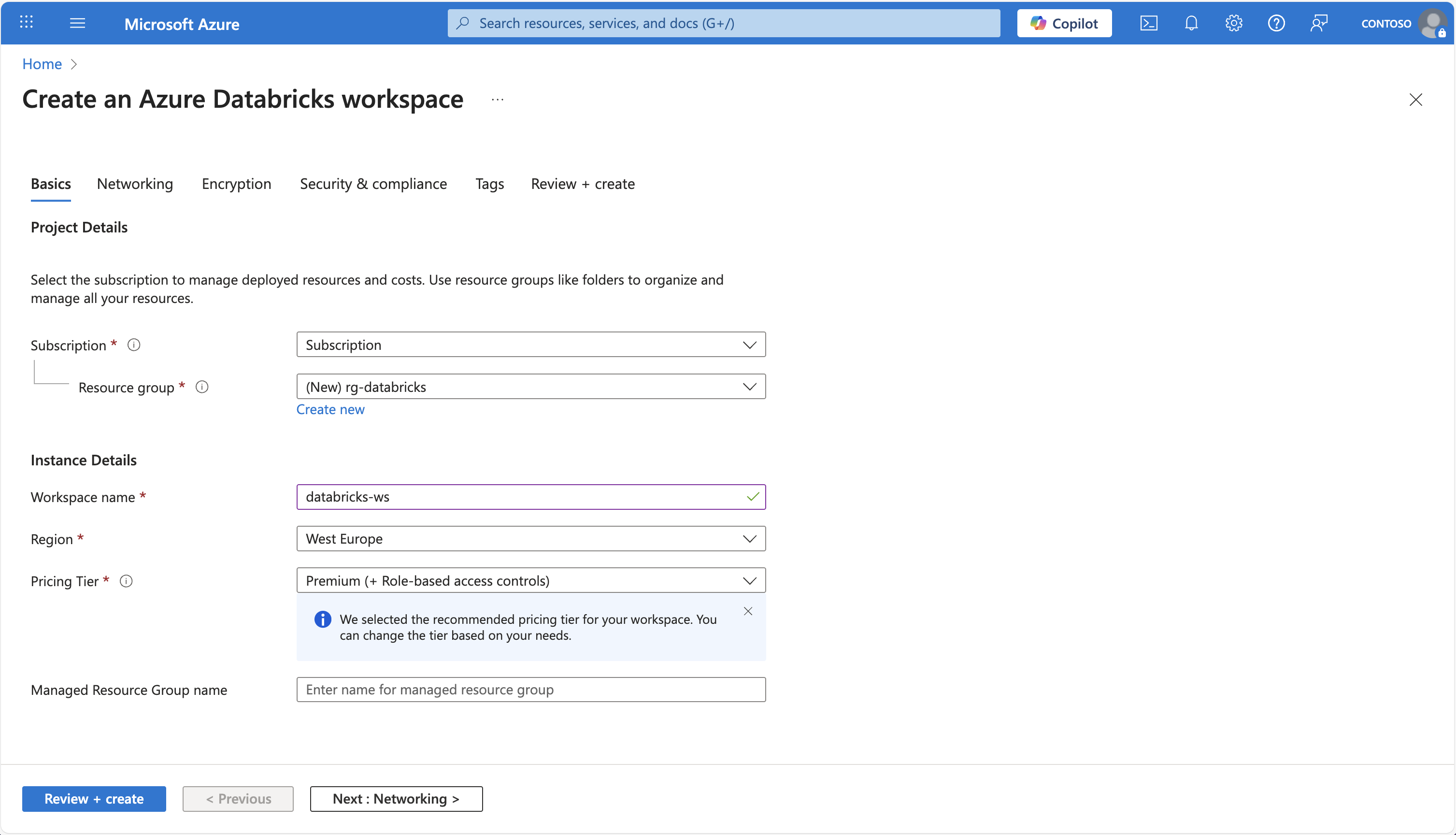 لقطة شاشة ل Azure Databricks في مدخل Microsoft Azure.