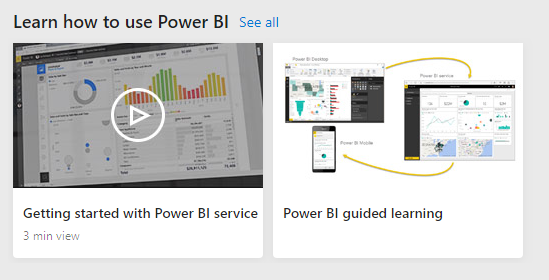 لقطة شاشة لموارد تعلم لـ Power BI Home.