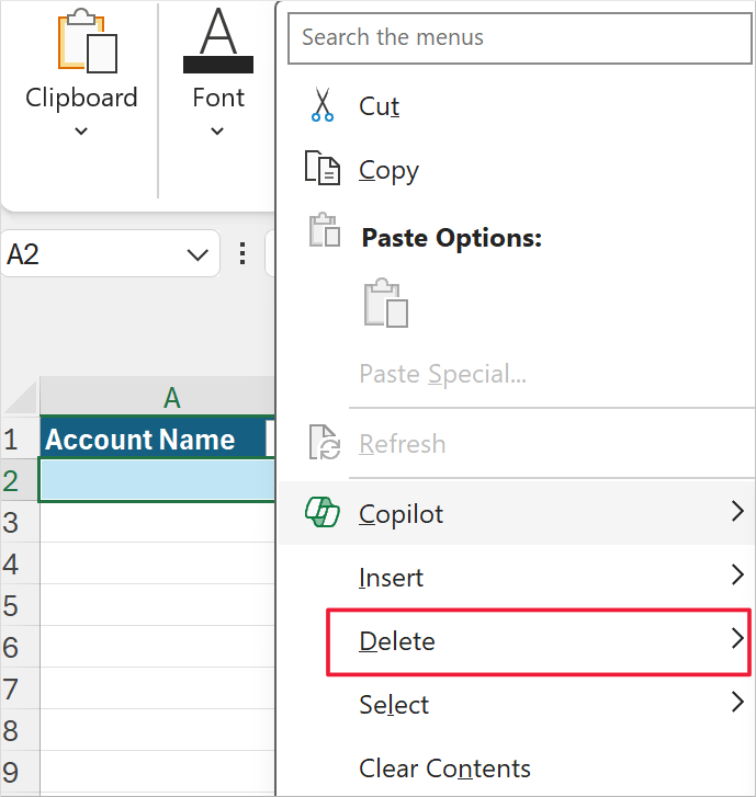 لَقطَة شَاشة لجدول بيَانَات Excel، تُظهر الخيَار 