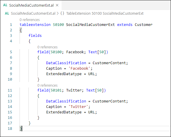 A basic example of a Table Extension in AL.