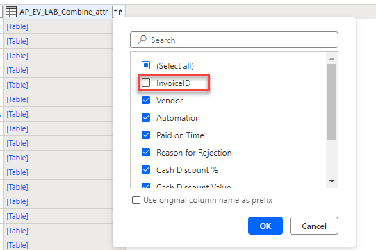 لقطة شاشة لمربع حوار التوسيع تظهر خانة الاختيار معرف الفاتورة، وقد تم إلغاء تحديدها.
