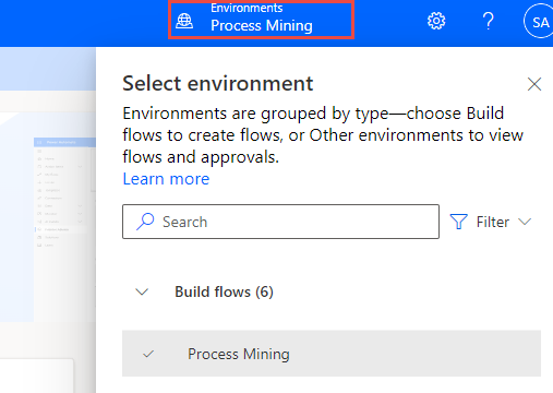 لقطة شاشة للبيئة المحددة فِي Power Automate.