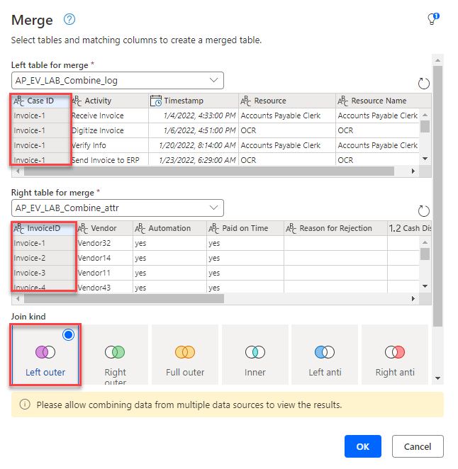 لقطة شاشة لمعالج استعلامات الدمج، تظهر الجزء الخارجي الأيسر محددًا لنوع الصلة.
