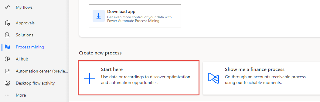 لقطة شاشة للتنقيب فِي العمليات المحدد مِن الجزء الأيمِن وزر ابدأ هنا المميز.