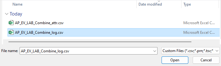 لقطة شاشة لملف C S V وزر فتح المحدد.