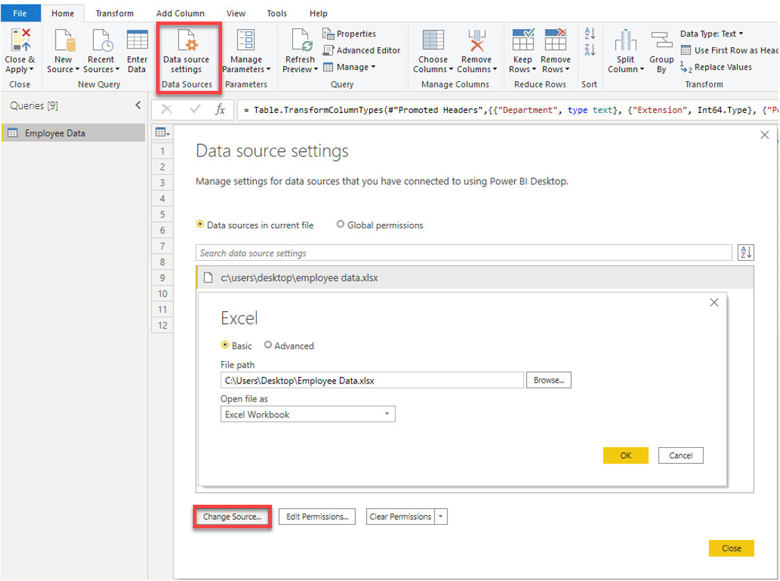 لقطة شاشة من نافذة «Data Source settings» في Power BI Desktop.