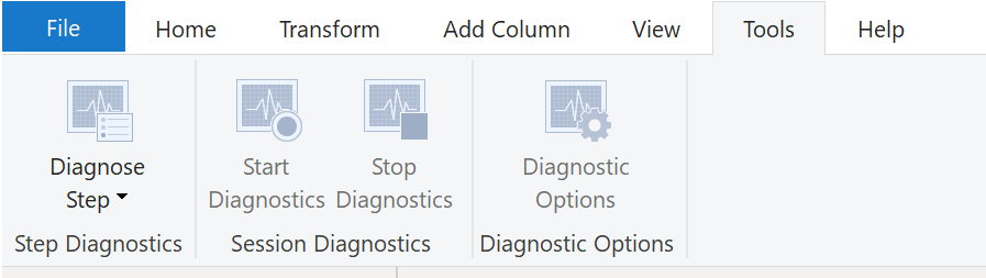 ⁩⁩لقطة شاشة لعلامة التبويب «Tools» مع خيارات تشخيص جلسة العمل في Power Query Editor.⁧⁧