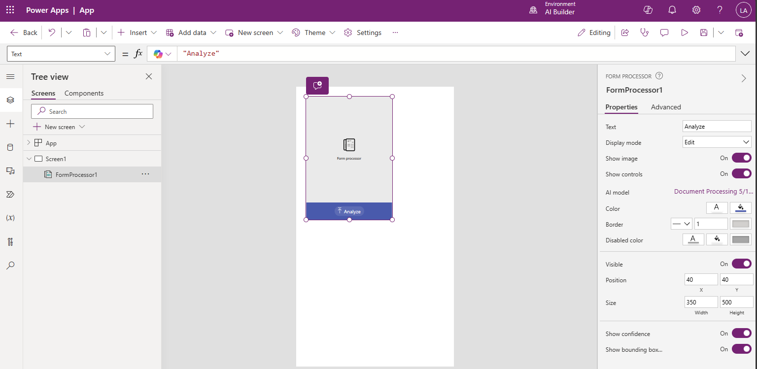 لقطة شاشة للتكامل الافتراضي لنموذج AI Builder فِي تطبيق Power App جديد.