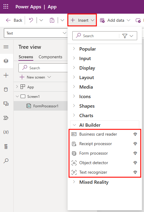 لقطة شاشة لقائمة AI Builder تم توسيعها لتكشف عن خيارات قارئ بطاقات العمل ومعالج النماذج وكاشف الكائنات ومعرف النص.