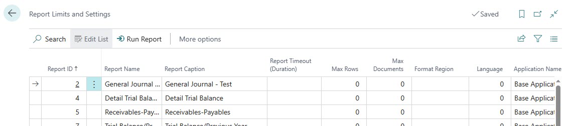 Screenshot of the report limits and settings.