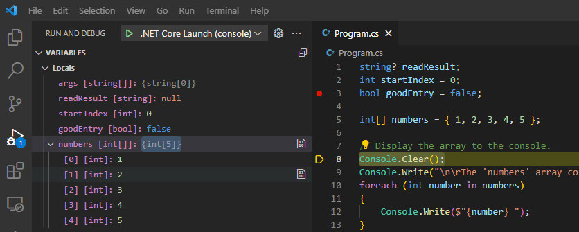 لقطة شاشة تعرض متغيرا تم فتحه في قسم المتغيرات في طريقة العرض Run and Debug.