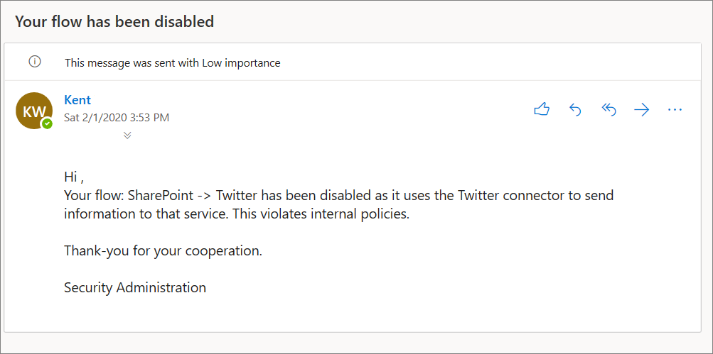 لقطة شَاشة لرسَالة إلكترونية موضوعهَا تم تعطيل التدفق الخَاص بك، وَالرسَالة هي 