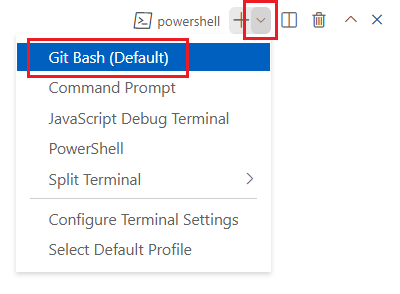 لقطة شاشة لنافذة terminal لتعليمة Visual Studio البرمجية مع عرض القائمة المنسدلة لـ terminal shell وتحديد Git Bash Default.