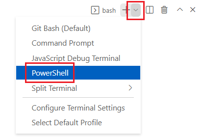 لقطة شاشة لنافذة المحطة الطرفية ل Visual Studio Code، مع عرض القائمة المنسدلة terminal shell وتحديد PowerShell.