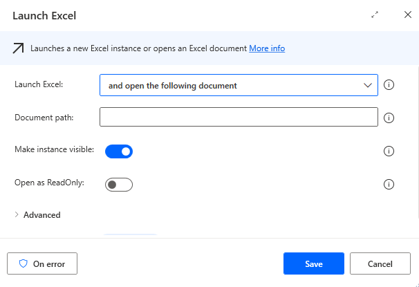 لقطة شَاشة تُظهر المعلمة Launch Excel.