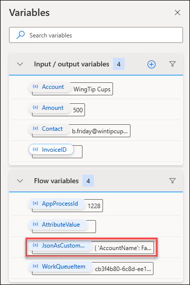 تُظهر لقطة الشَاشة تحديد متغير JSON As Custom Object.