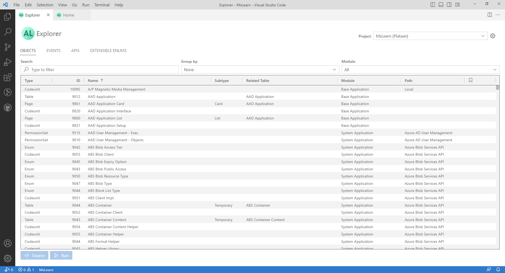 Screenshot of the AL Explorer page in Business Central.