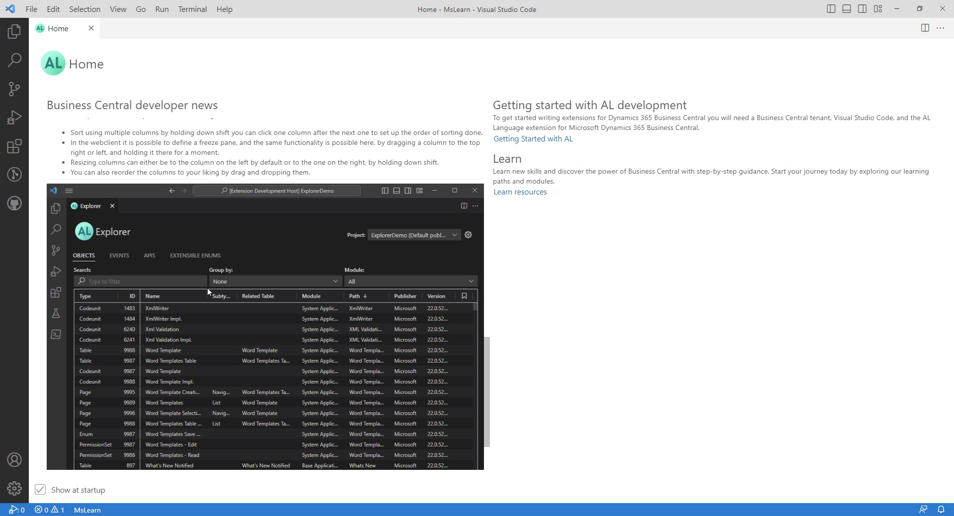 Screenshot of the AL Home page in Business Central.