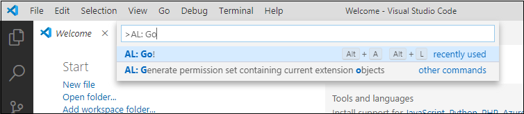 Screenshot of entering Command AL Go in the menu.