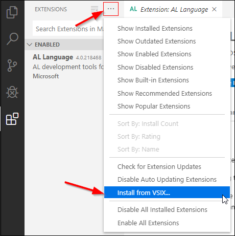 Screenshot showing the Install from VSIX option.