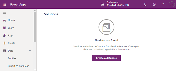 Screenshot of creating a database from the Tables pane in Power Apps.