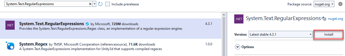 لقطة شاشة توضح حزمة NuGet التي تم تثبيتها.