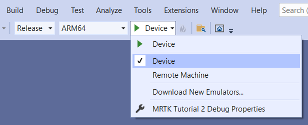 لقطة شاشة لنافذة Visual Studio مع جهاز كهدف.