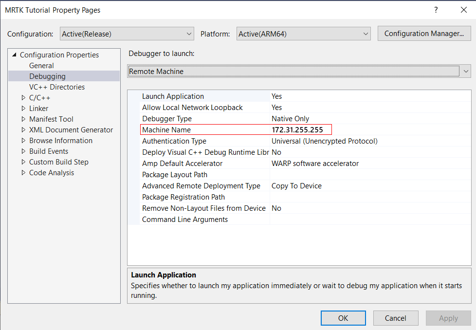 لقطة شاشة لمربع حوار الاتصال عن بعد في Visual Studio.