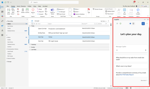 لقطة شاشة للشريط الجانبي لدردشة Copilot في Microsoft Outlook.