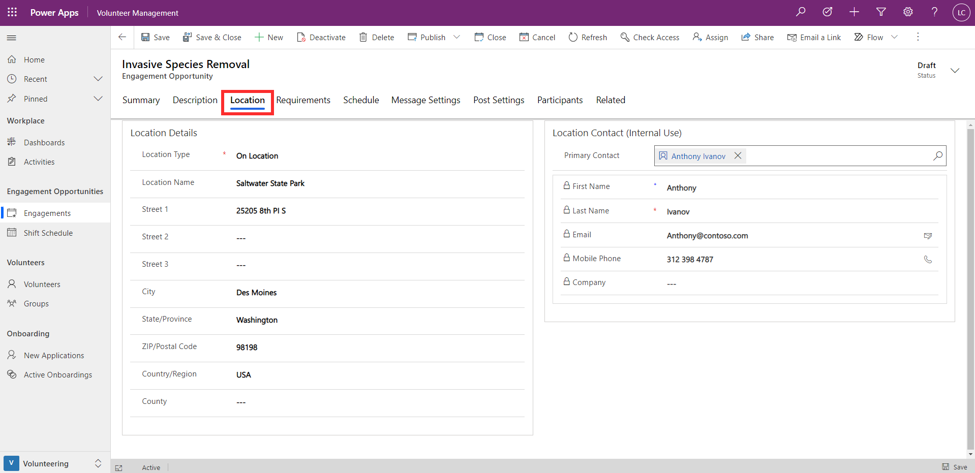 Screenshot example of the location tab.