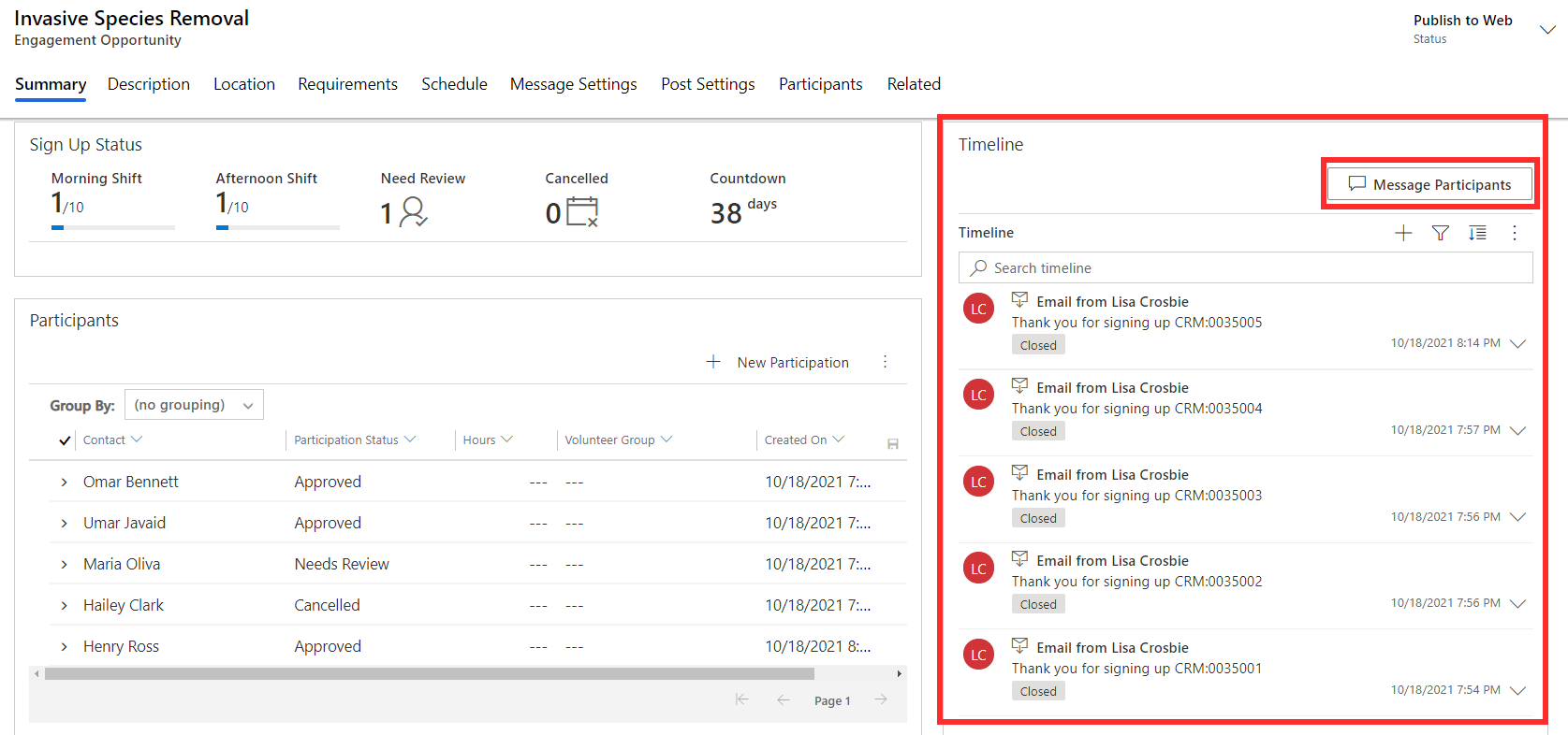 Screenshot of the message participants button in the timeline section.