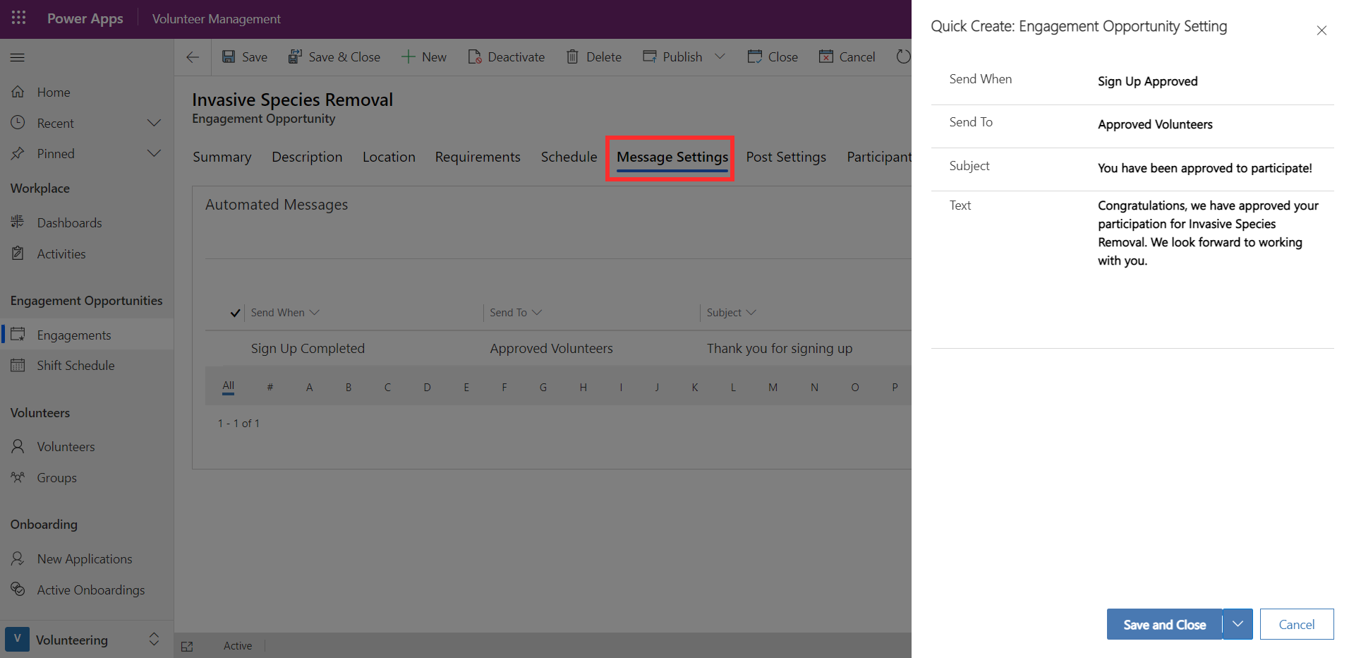 Screenshot example of the message settings tab.