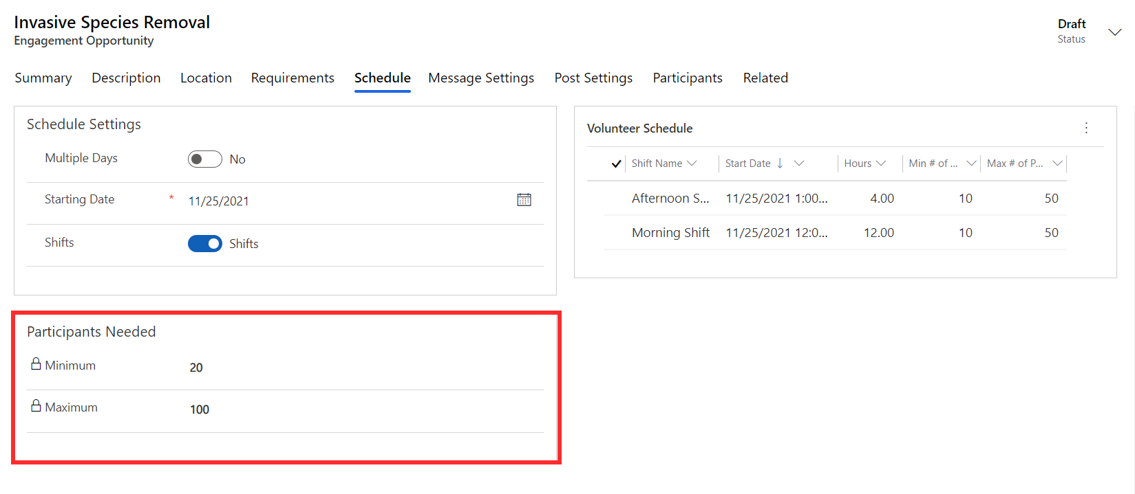 Screenshot example of the participants needed section.