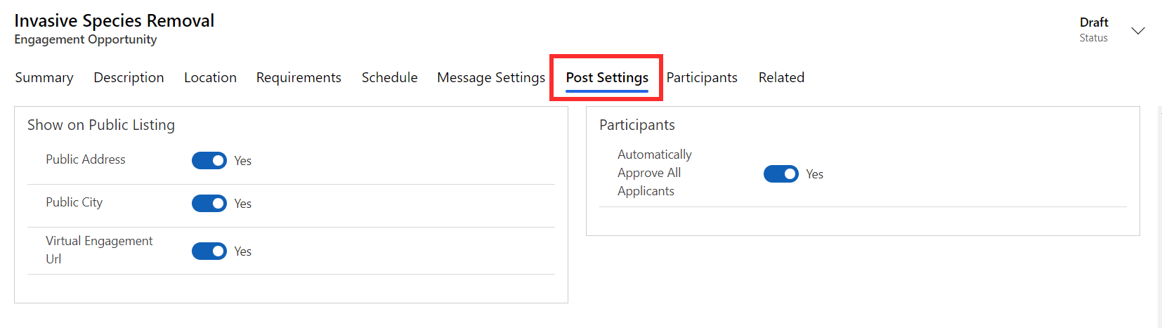 Screenshot example of the post settings tab.