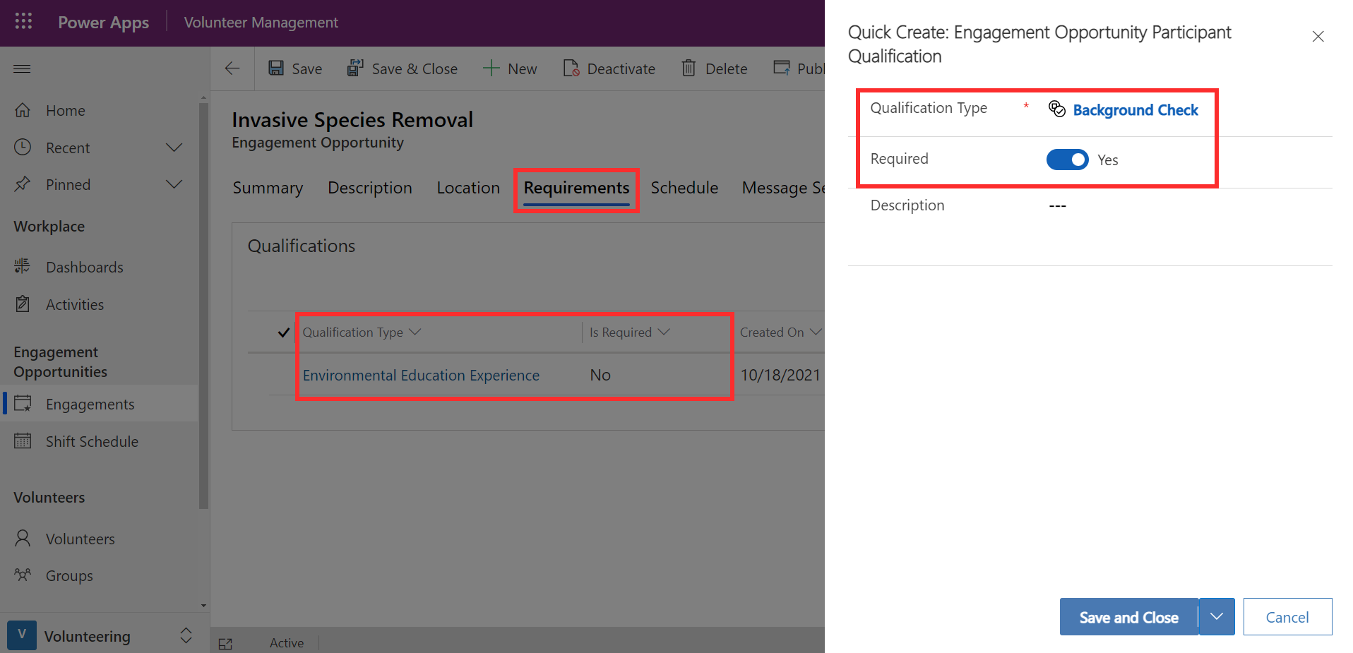 Screenshot example of the requirements tab with qualification.